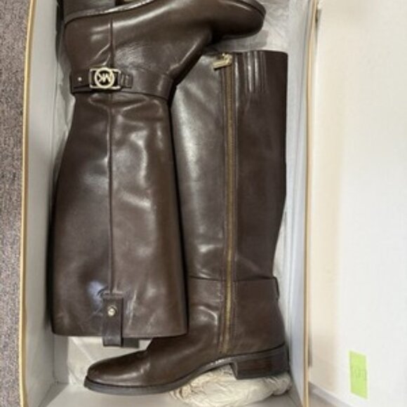 Michael Kors Charm Riding Boots Leather Dark Coffee Brown Size 9M w/ Box - Picture 1 of 15